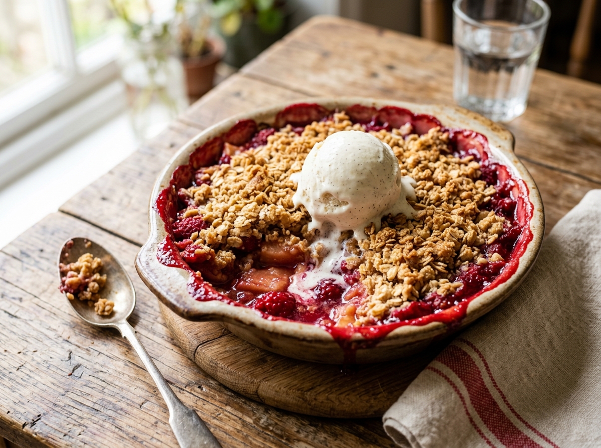 Altnauer Apfel-Himbeer-Crumble mit Vanilleglacé