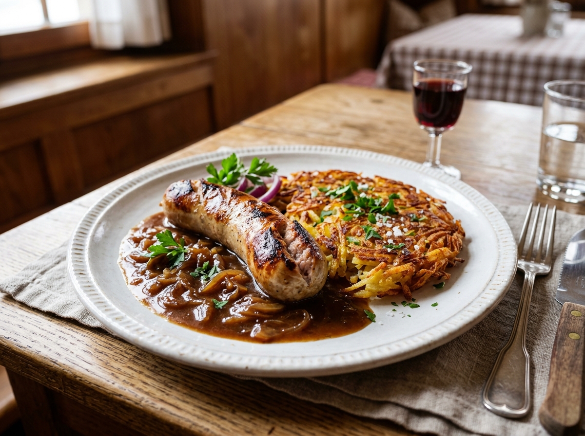 St. Galler OLMA-Bratwurst mit Zwiebelsauce und Rösti