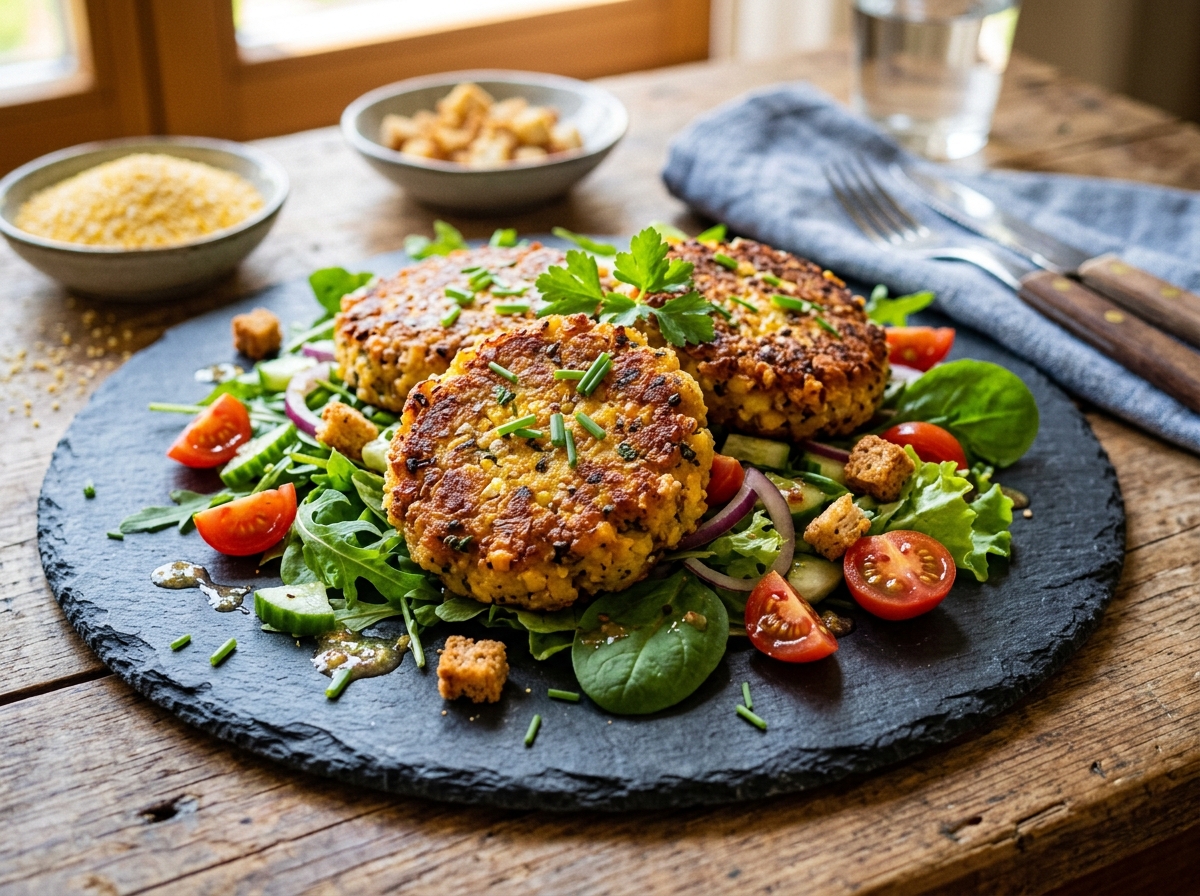 Rheintaler Ribelmais-Bratlinge auf Sommersalat